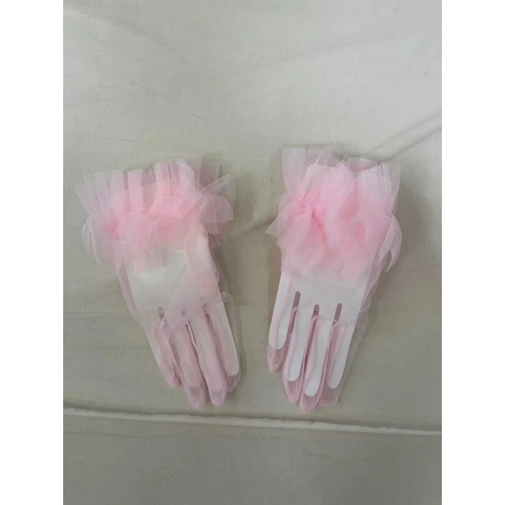 Pink Sheer Tulle Ruffle Mesh Gloves Formal Wedding Tea Party Accessory
